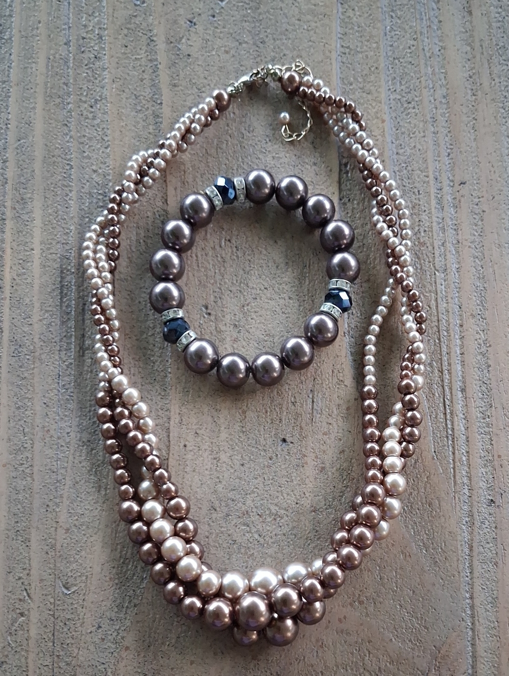 Pearl-Style Multi-Strand Necklace & Bracelet Set - Rose Gold